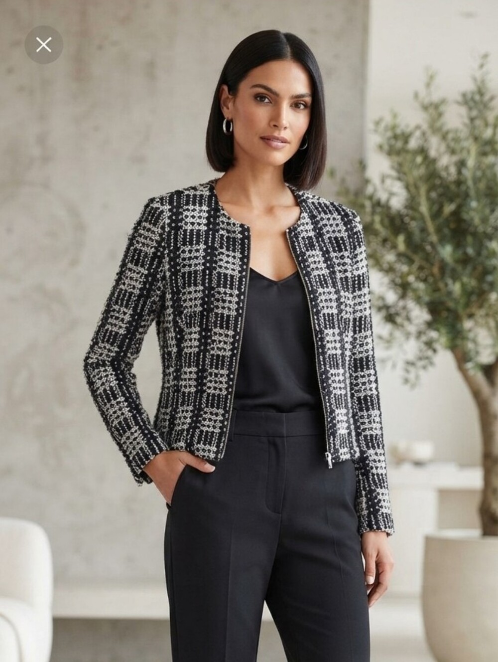 ing Women's Lined Metallic Thread Plaid Cropped Jacket w/Front Zipper Size Large
